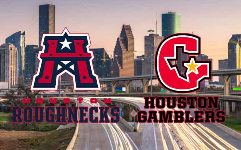 Houston Gamblers and Houston Roughnecks logos over Houston city