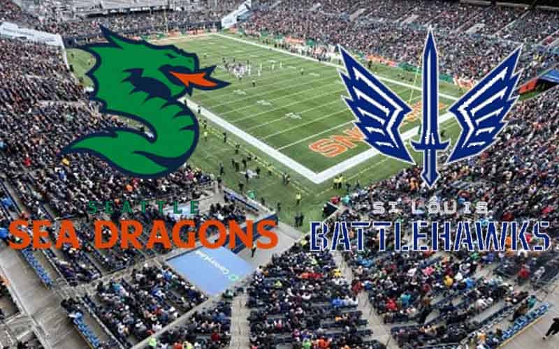 STL Battlehawks and Seattle Sea Dragons logos over a Seattle XFL Crowd