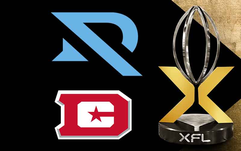 2023 XFL Championship Trophy with DC Defenders and Arlington Renegades logos