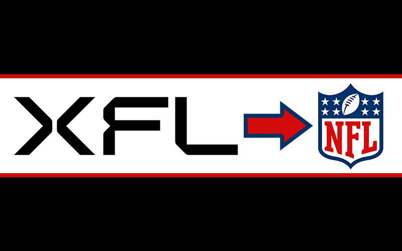 XFL logo with an arrow pointing toward an NFL logo