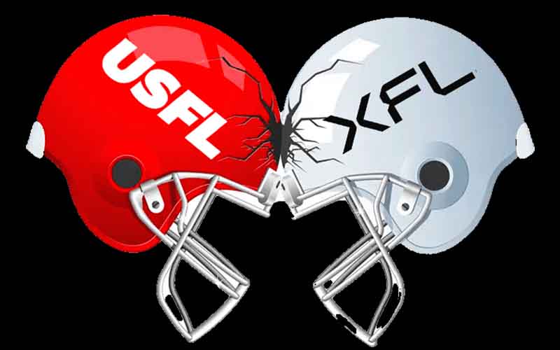 two helmets labeled USFL and XFL crashing into each other