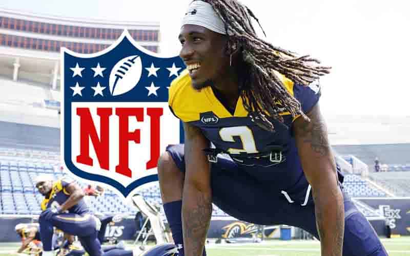 UFL player poses with NFL logo