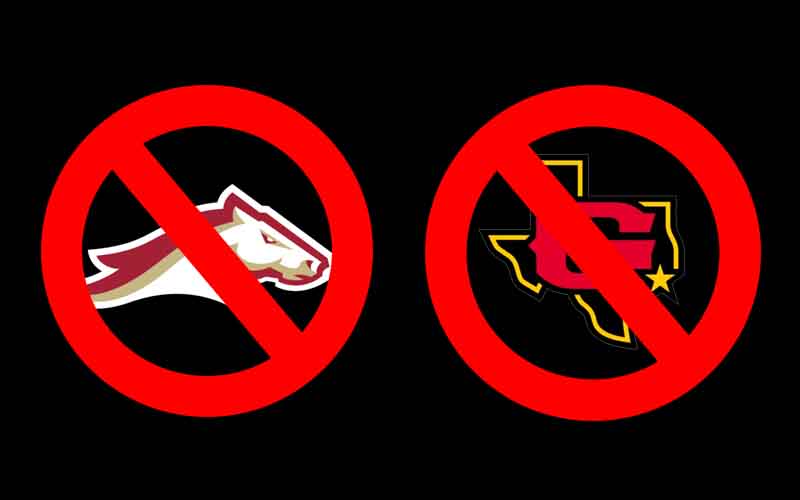cancel signs over logos for the Birmingham Stallions and Houston Gamblers