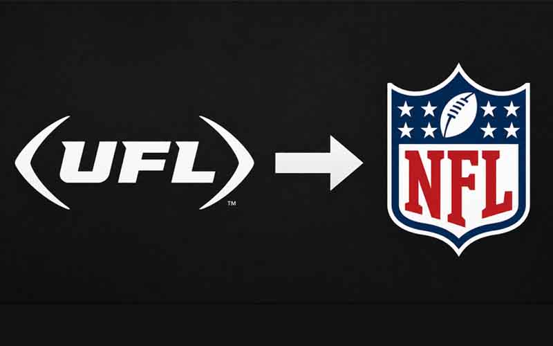UFL logo with an arrow pointing right toward an NFL logo