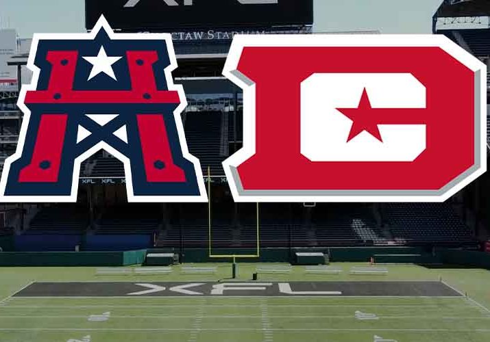 Houston Roughnecks and DC Defenders logos over an XFL stadium